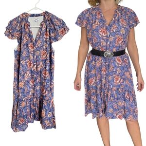Suncoo Button Front Short Dress Metallic Floral Flutter Sleeves Large Boho Paris